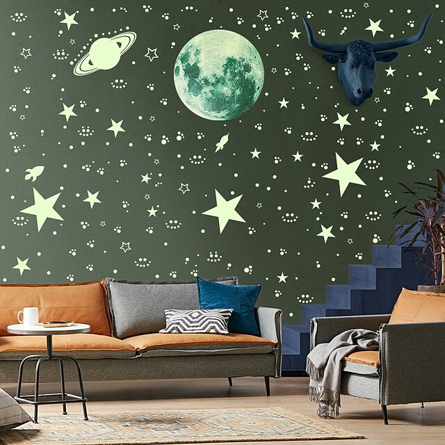 Home & Garden Home Decor | 3D Moon Stars Dots Spaceship Red Luminous Wall Sticker Children Room Ceiling Stairs Wallpaper DIY Flu