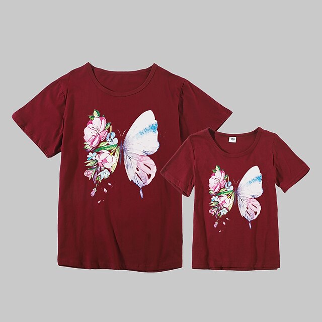 Baby & Kids Matching Outfits | Mommy and Me T shirt Tops Cotton Floral Butterfly Daily Print White Black Gray Short Sleeve Basic