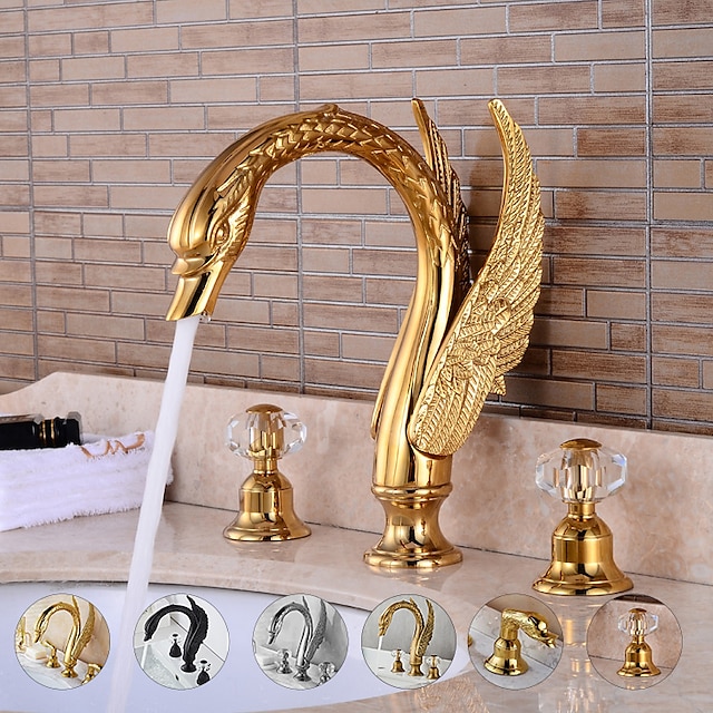  Widespread Bathroom Sink Mixer Faucet, 2 Handle 3 Holes Basin Taps Swan Noble Luxury Golden and Oil-rubbed Bronze Bath Taps