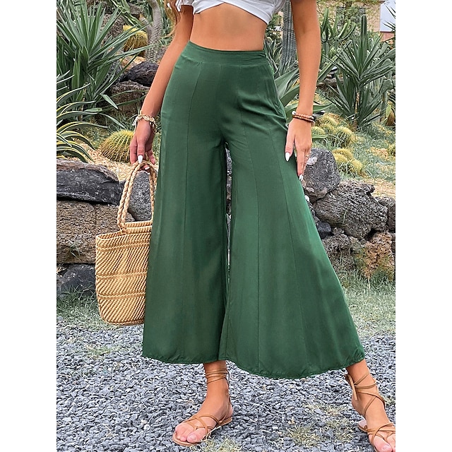  Women's Flare Chinos Pants Trousers Bell Bottom Green Mid Waist Fashion Casual Weekend Micro-elastic Ankle-Length Comfort Solid Color S M L XL / Loose Fit