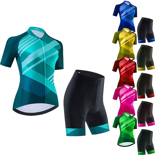  21Grams Women's Cycling Jersey with Bib Shorts Cycling Jersey with Shorts Short Sleeve Mountain Bike MTB Road Bike Cycling Black Green Purple Graphic Stripes Bike Clothing Suit 3D Pad Breathable