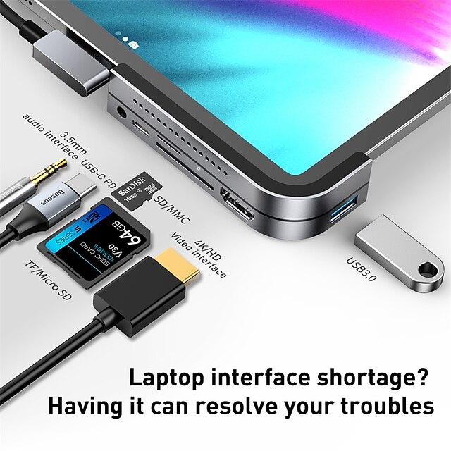  BASEUS USB 3.0 USB C ฮับ 6 พอร์ต 6-in-1 ความเร็วสูง ฮับ ​​USB กับ 3.5 มมแจ็คเสียง USB 3.0 HDMI การจ่ายพลังงาน สำหรับ PC Tablet สมาร์ทโฟน