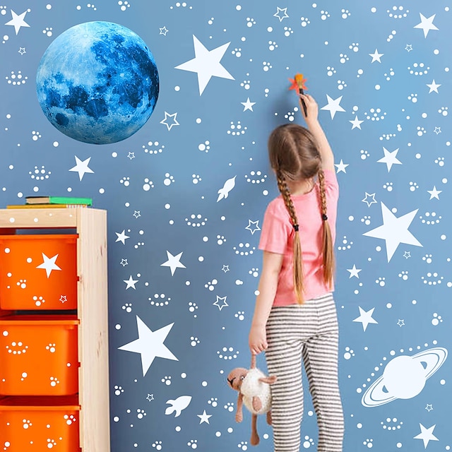 Home & Garden Home Decor | 3D Moon Stars Dots Spaceship Red Luminous Wall Sticker Children Room Ceiling Stairs Wallpaper DIY Flu