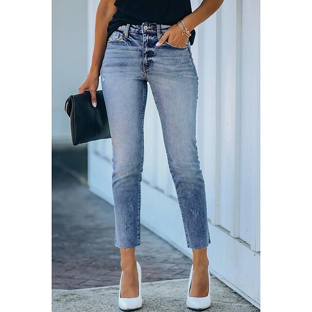 Women's Pants Trousers Jeans Denim Blue Black Fashion Mid Waist Side Pockets Casual Weekend Ankle-Length Micro-elastic Solid Color Comfort S M L XL XXL