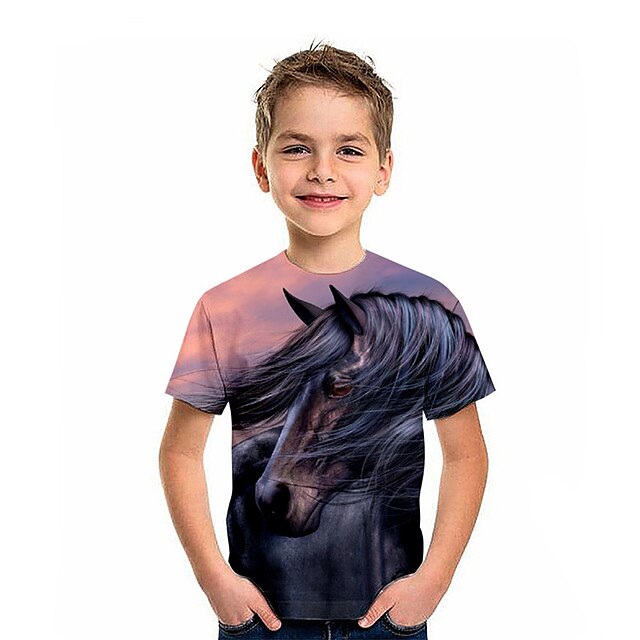 Baby & Kids Boys Clothing | Kids Boys T shirt Short Sleeve 3D Print Horse Animal Crewneck Purple Children Tops Spring Summer Act