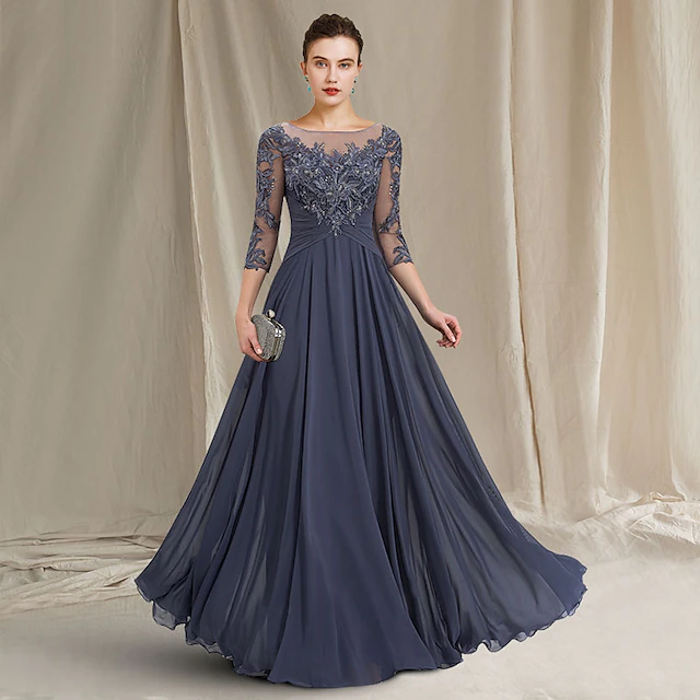 A-Line Mother of the Bride Dress Elegant Jewel Neck Floor Length Chiffon Lace 3/4 Length Sleeve with Pleats Appliques 14
