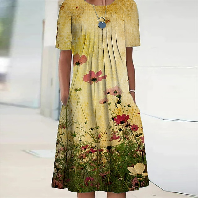  Γυναικεία Φόρεμα ριχτό Φόρεμα μέχρι το γόνατο Πράσινο του τριφυλλιού Κίτρινο Ρουμπίνι Κοντομάνικο Φλοράλ Τσέπη Στάμπα Άνοιξη Καλοκαίρι Στρογγυλή Ψηλή Λαιμόκοψη Κομψό Καθημερινό Διακοπές 2022 Τ M L XL