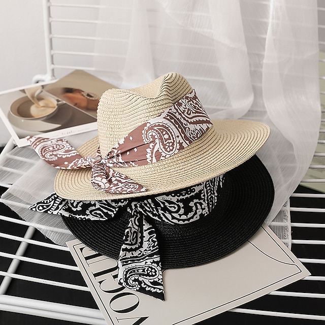 Shoes & Bags Fashion Accessories | Summer with Print Ribbon Hats for Women Straw Hat Womens Retro Shade Woven Hat Sun Protection