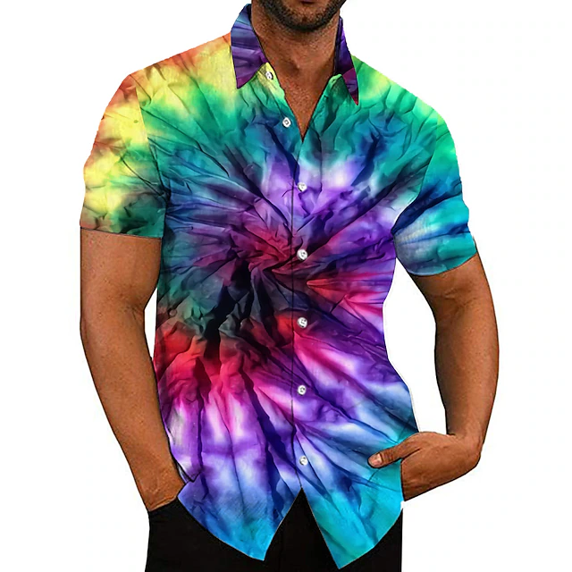 Men's Tie Dye Shirt Button Up Shirt Short Sleeve Fashion Designer Casual Outdoor Casual Holiday Summer Spring Turndown Print Button-Down Yellow Blue Green Rainbow 7