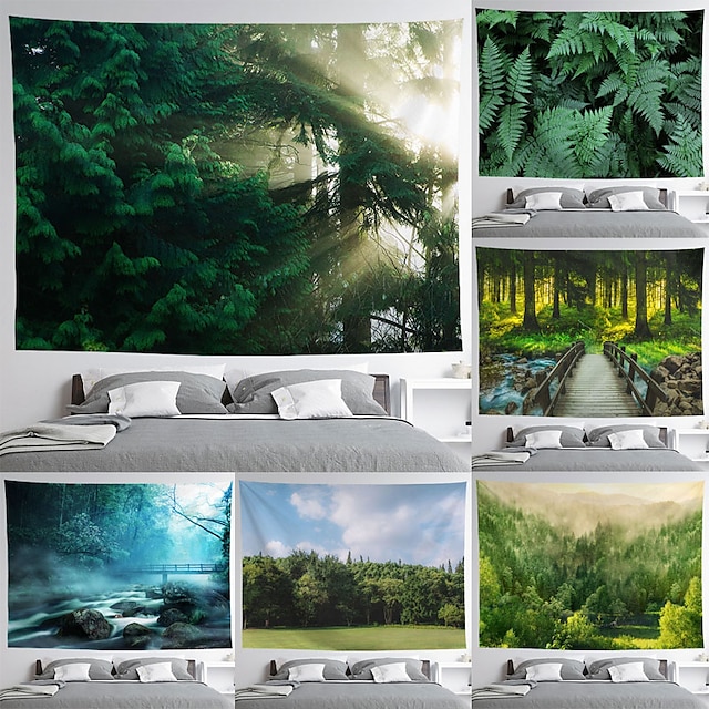  Tapiz de pared con paisaje de bosque, decoración artística, manta, cortina, colgante, hogar, dormitorio, sala de estar, decoración de poliéster