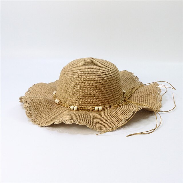 Shoes & Bags Fashion Accessories | Summer New Wide-Brimmed Sunscreen Fashion Wooden Beads Lace Wave Straw Hat WomenS Beach Hat -