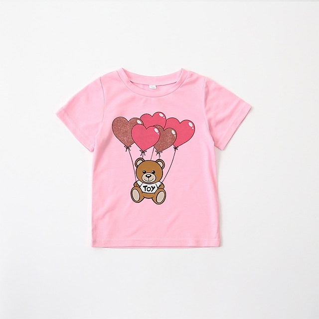 Baby & Kids Matching Outfits | Mommy and Me T shirt Tops Heart Bear Letter Causal Print Pink Short Sleeve Daily Matching Outfits