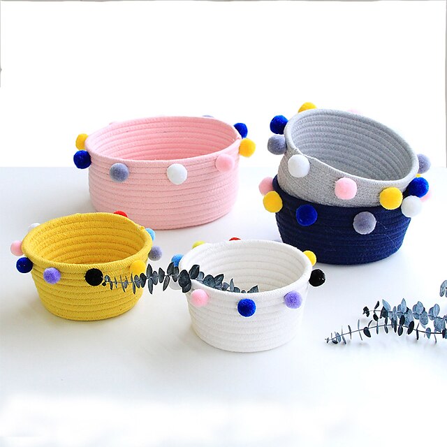 Home & Garden Home Decor | 1Pc Cotton Rope Storage Basket Blue Pink Yellow White Grey Pompom - RK78053