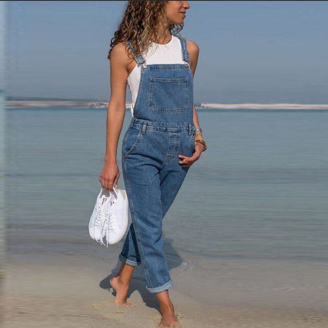  Women's Pants Trousers Overalls Denim Dark Blue Light Blue Grey Basic Trousers Mid Waist Daily Work Full Length Micro-elastic Solid Color Outdoor S M L XL XXL