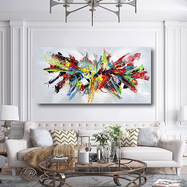 Home & Garden Wall Art | Oil Painting Hand Painted Horizontal Abstract Floral / Botanical Contemporary Modern Stretched Canvas -