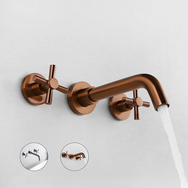 Brass Bathroom Sink Faucet,Wall Mount Widespread Rotatable Rose Gold Two Handles Three HolesBath Taps With Hot and Cold Water 14