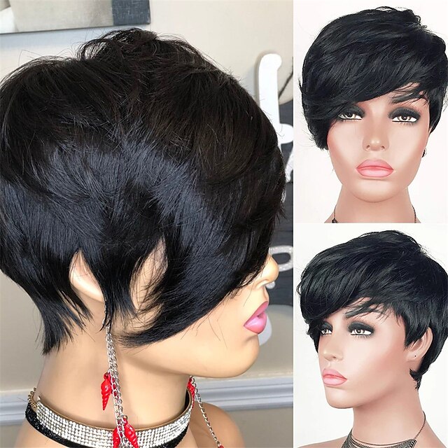  Human Hair Wig Body Wave Pixie Cut Natural Black Adjustable Natural Hairline For Black Women Machine Made Capless Brazilian Hair All Natural Black #1B 6 inch Daily Wear Party & Evening
