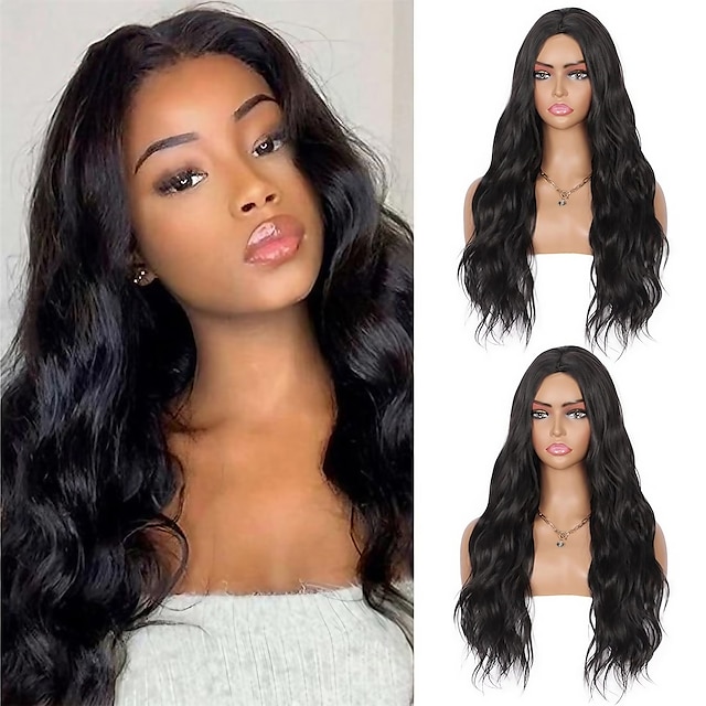  pelucas de cabello sintético largo y rizado negro para mujeres negras pelucas de cabello completo de fibras sintéticas de alta temperatura ligeras de aspecto natural