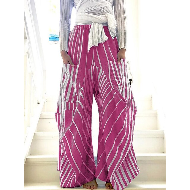 Womens Culottes Wide Leg Chinos Pants Trousers Harem Pants Faux Linen Blue Fuchsia Mid Waist 