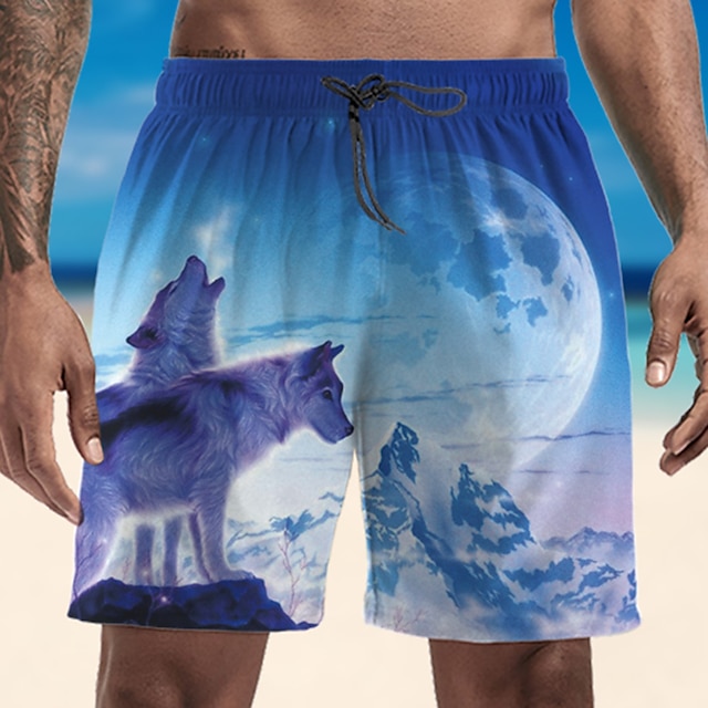 Galaxy Wolf Moon Mens Swim Trunks Quick Dry Beach Board Shorts with Drawstring Pocket