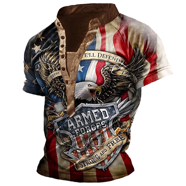  Men's Henley Shirt T shirt Tee 3D Print Graphic Patterned Eagle National Flag Stand Collar Street Casual Button-Down Print Short Sleeve Tops Basic Fashion Classic Comfortable Brown / Summer / Sports