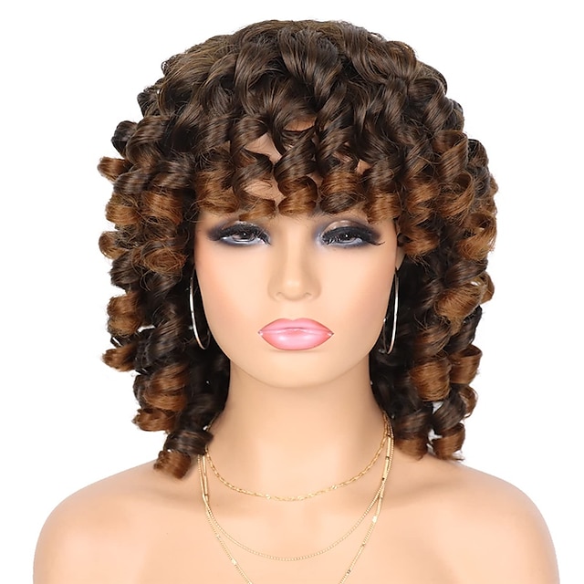  perruque courte afro bouclés perruques pour les femmes noires perruque frisée brun foncé avec une frange perruques moelleuses longueur d'épaule perruques synthétiques résistantes à la chaleur