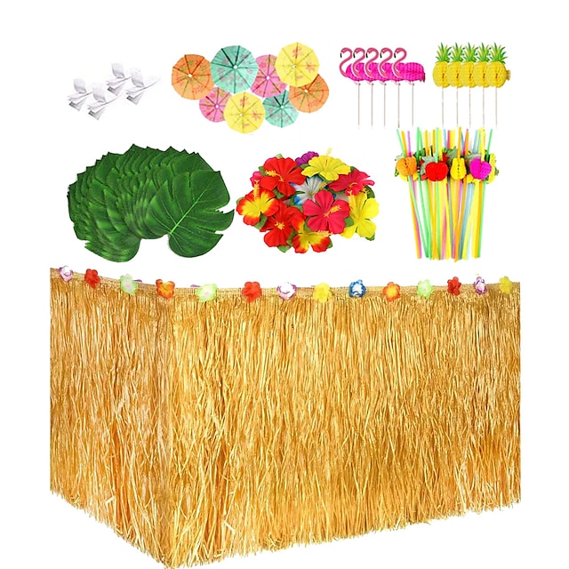 Hawaiian Tropical Party Decorations with Hawaiian Luau Grass Table Skirt Palm Leaves and Hibiscus Flowers (Gold)