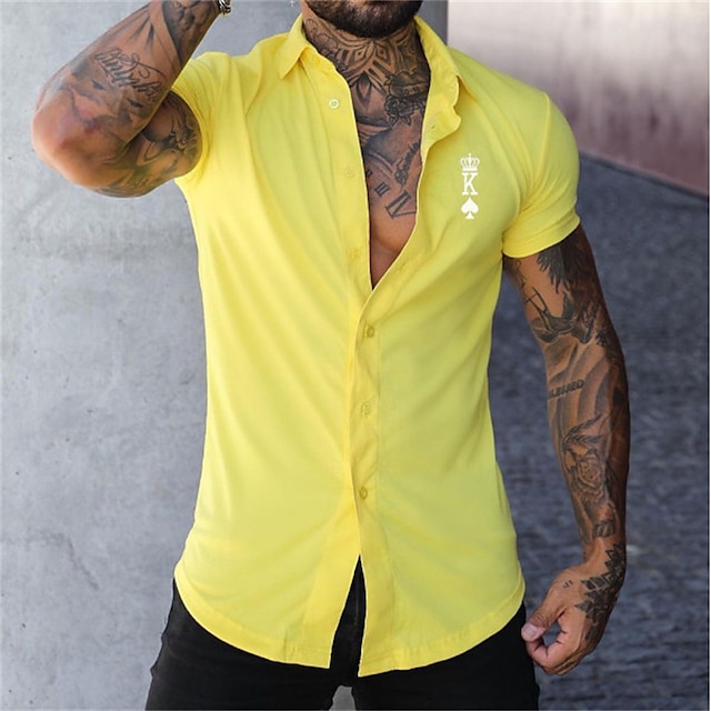  Men's Shirt Button Up Shirt Summer Shirt Yellow Green Short Sleeve Letter Turndown Street Casual Button-Down Clothing Apparel Fashion Casual Comfortable