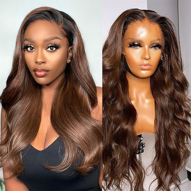  Brown HD  Frontal Body Wave 4x4/13x4 Lace Front Human Hair Wig 180% Density Transparent Brazilian Remy Loose Ombre Chocolate Ginger