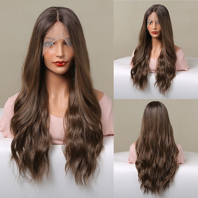  HAIRCUBE Ombre Auburn/Golden/Brown 22 inch Lace Front Wig Long Water Wavy 13*4*1 T Part Kanekalon Lace Wig With Baby Hair for Woman 180% Density