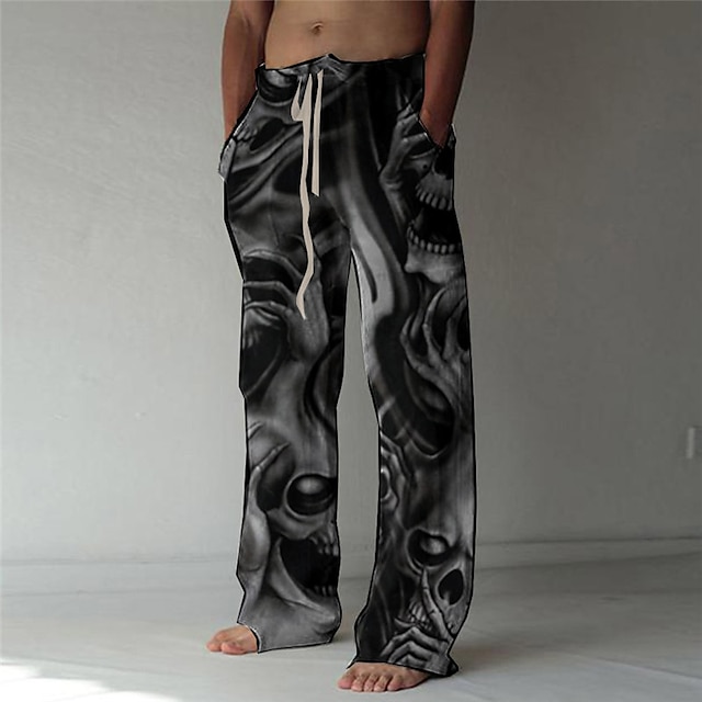  Men's Trousers Summer Pants Beach Pants Elastic Drawstring Design Front Pocket Straight Leg Skull Graphic Prints Comfort Soft Casual Daily Fashion Designer Blue Khaki