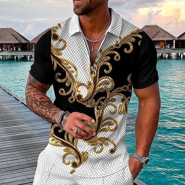 Men's Baroque Zip Polo Shirts Golf Shirt Short Sleeve Polo Shirts Collared Shirts Vintage Casual Vacation Wear Party Outfits 3D Print Quarter Zip Polo Black / Gray Black Pink 6