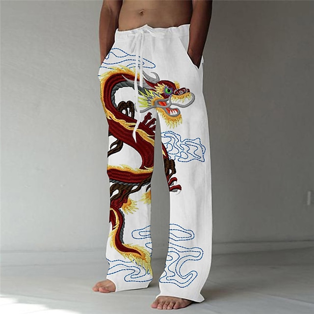  Homens Calças Calça verão Calças de praia Design de cordão elástico Bolso frontal Perna reta Dragão Estampas Abstratas Conforto Macio Casual Diário Moda Grande e Alto Branco Verde