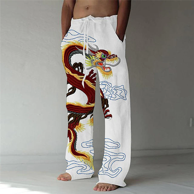 Men's Trousers Summer Pants Beach Pants Elastic Drawstring Design Front Pocket Straight Leg Dragon Graphic Prints Comfort Soft Casual Daily Fashion Big and Tall White Green 5