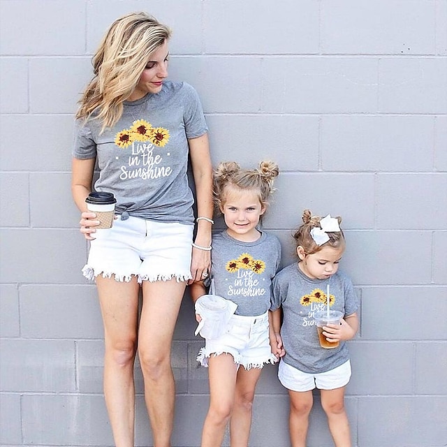 Baby & Kids Matching Outfits | Mommy and Me T shirt Tops Floral Letter Daily Print Black Gray Pink Short Sleeve Basic Matching O