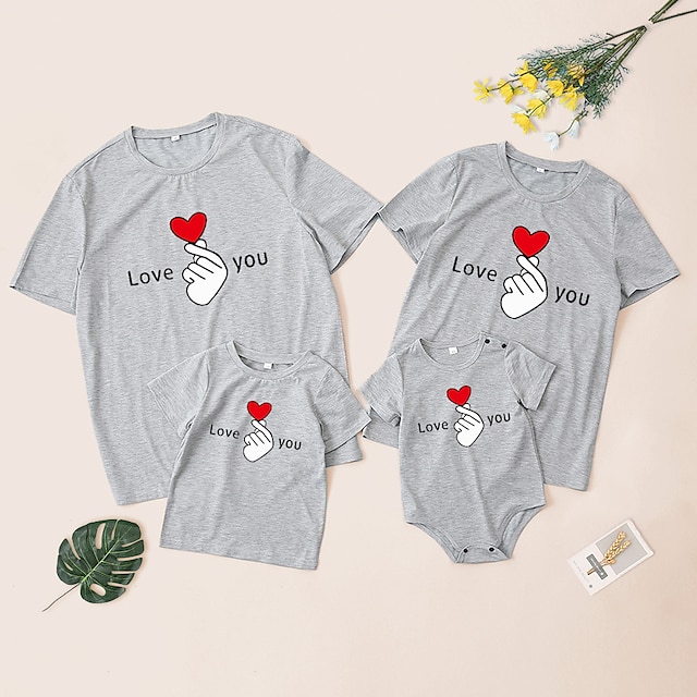 Baby & Kids Matching Outfits | Family Look T shirt Tops Heart Letter Causal Print Green White Light Gray Short Sleeve Daily Matc