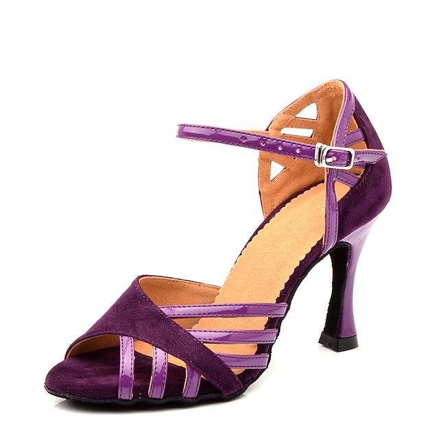  scarpe da ballo latino da donna allenamento ballo da sala professionale giunzione con tacco tacco alto punta aperta cinturino alla caviglia per adulti viola scuro