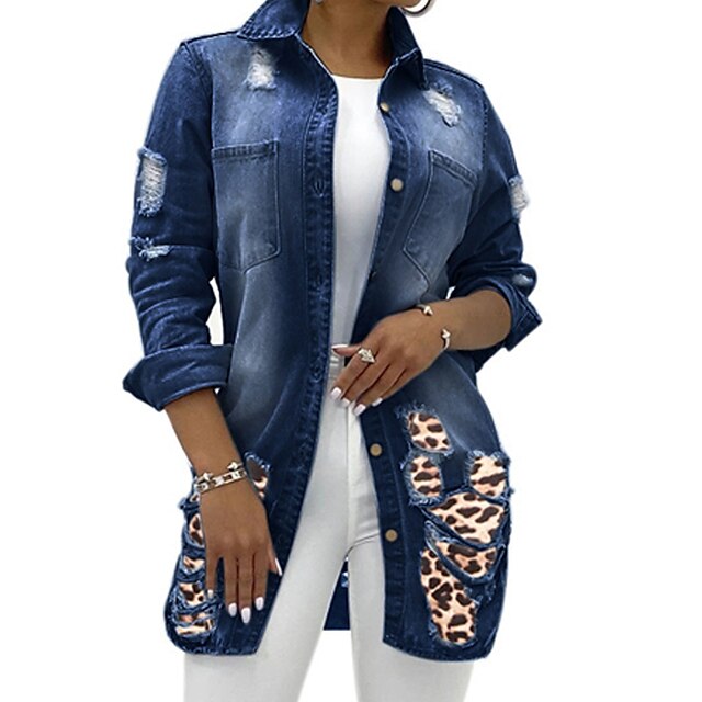 Womens Clothing Womens Outerwear | Womens Denim Jacket Long Stylish Pocket Print Coat Blue Light Blue Casual Street Spring Singl