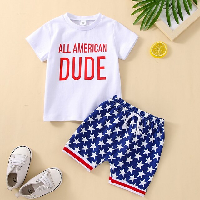 Baby & Kids Boys Clothing | Toddler Boys T-shirt & Shorts 2 Pieces Short Sleeve White Star Letter Drawstring Print Sports Outdoo