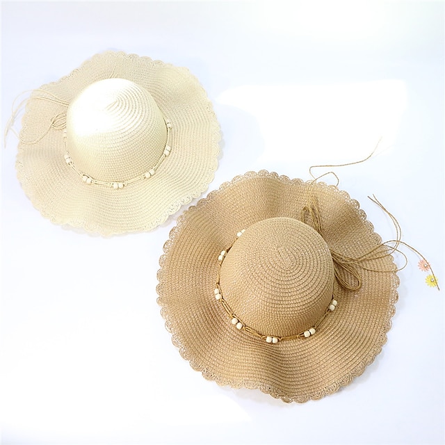 Shoes & Bags Fashion Accessories | Summer New Wide-Brimmed Sunscreen Fashion Wooden Beads Lace Wave Straw Hat WomenS Beach Hat -