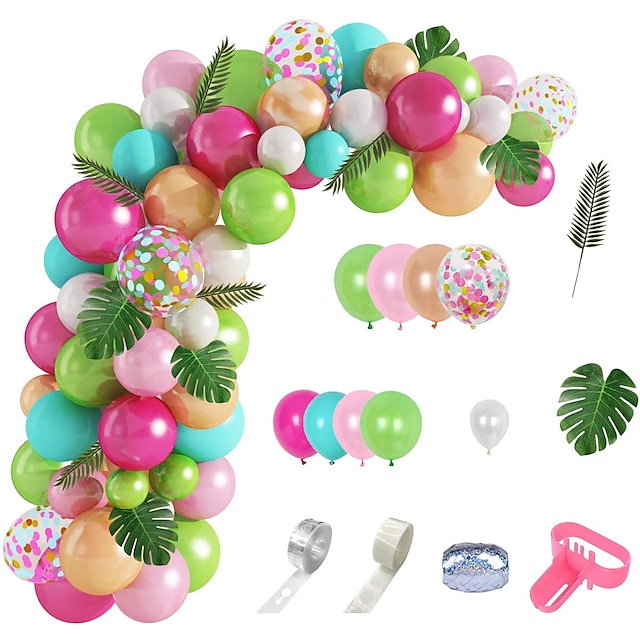  109pcs Tropical Balloons Arch Garland Kit Pink Green Gold Confetti Balloons with Palm Leaves for Baby Shower Birthday Hawaii Luau Flamingo Aloha Party Supplies