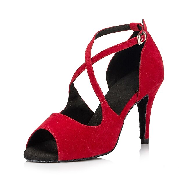  בגדי ריקוד נשים נעליים לטיניות נעלי ריקוד בבית הצגה ChaCha עקבים שחבור צבע אחיד סלים גבוהה עקב רצועת קרוס אדום