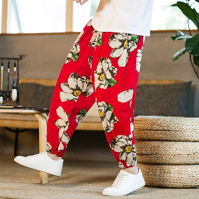 Mens Clothing Mens Bottoms | Mens Casual Harem Active Print Pants Casual Stretchy Flower / Floral Sports Mid Waist Black Red M L