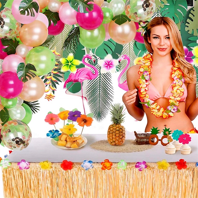  92 Uds. Kit de guirnalda de arco de globos tropicales globos de confeti de oro rosa verde con hojas de palma para baby shower cumpleaños hawaii luau flamingo aloha suministros para fiestas