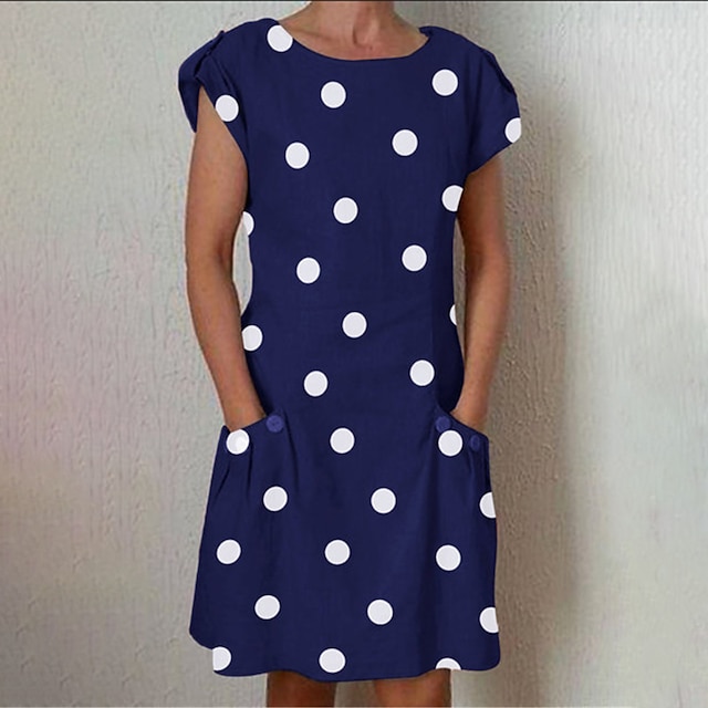  Damen Gepunktetes Kleid Minikleid Weiß Schwarz Königsblau Rote Kurzarm Punkt Tasche Frühling Sommer Rundhalsausschnitt Casual locker 2022 S M L XL XXL 3XL 4XL 5XL