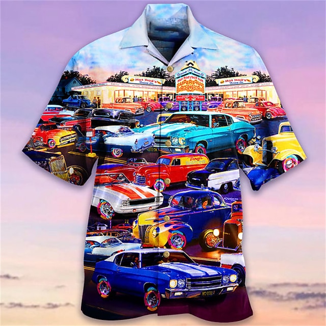  Męskie Koszula Koszula hawajska Koszula z grafiką Samochód Wieczorne Żółty Czerwony Fioletowy Tęczowy Na zewnątrz Ulica Druk 3D Przycisk w dół Odzież Moda Designerskie Codzienny Oddychający
