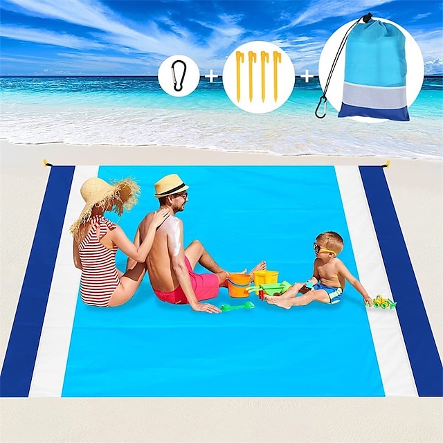 Sand Free Beach Blanket Waterproof Beach Mat Compact Outdoor Blanket Ideal for Picnic Travel Hiking Camping and Music Festivals with 4 Stakes 4 Corner Pockets and Bag - 82x 79(Blue)