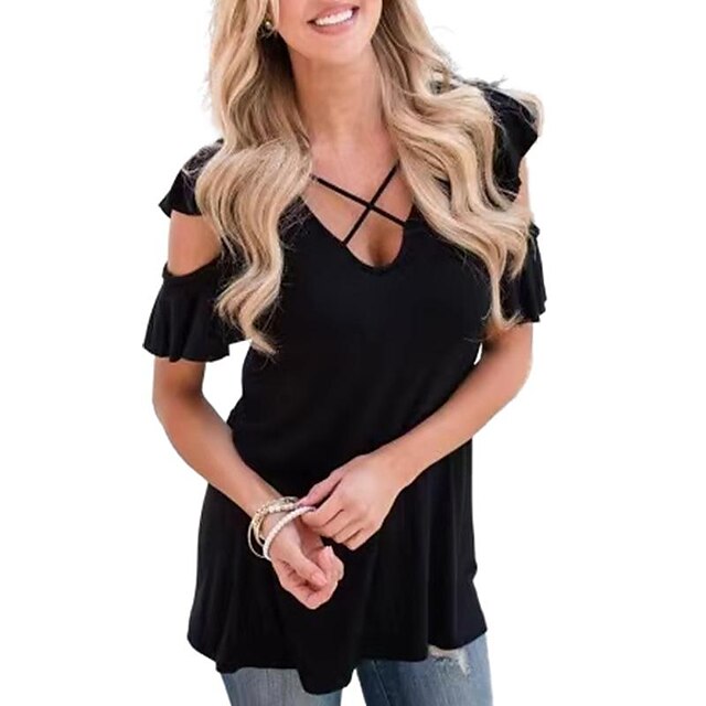  summer  an  n casual v-neck cross strapless short-sleeved loose loose t-shirt women‘s clothing