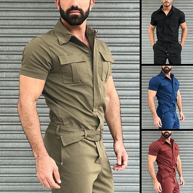  Men's Short Sleeve Coverall Military Jumpsuit with Multi Pockets Ripstop Fashion Romper One Piece Casual Pants Wrinkle Resistant Workout