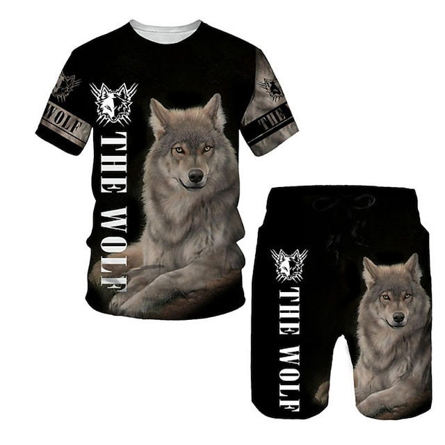  Boys 3D Animal Wolf T-shirt & Shorts Clothing Set Short Sleeve Summer Spring Sports Fashion Cool Polyester Kids 3-13 Years Outdoor Street Sports Regular Fit